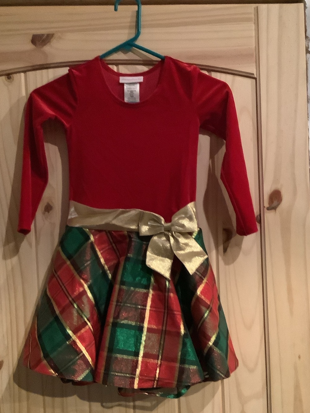 Bonnie Jean Red & Green Plaid Holiday Dress with Gold Bow